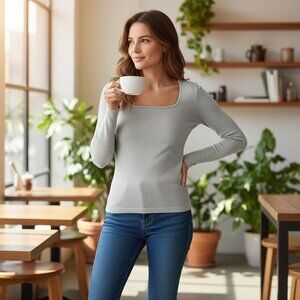 Charter Club Square Neck Merino Wool Sweater PM/Petite Medium Gray #220J
